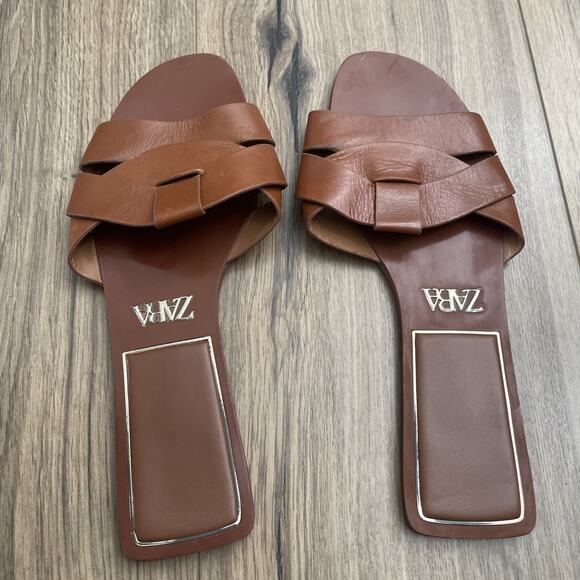 Zara Flat Crossed Slides Brown Leather Sandals Size 38 US 8 Cognac Retail $49 - Picture 5 of 6